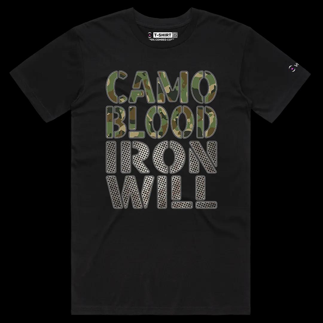 VOICEART Black Male Regular Iron Will Army Tribute Graphic Tee for Holidays Short Sleeve Cotton T-Shirt for Men and Women