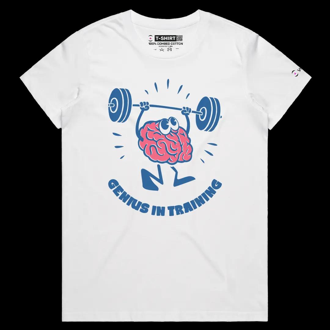 VOICEART White Female Regular Genius in Training Funny Graphic Gym Tee Short Sleeve Combed Cotton T-Shirt for Men and Women