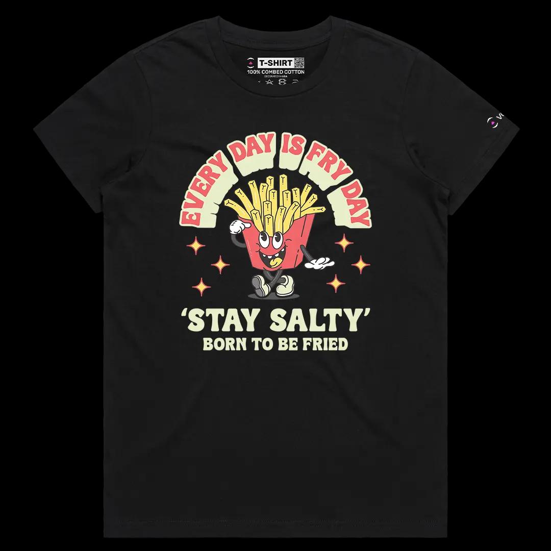 VOICEART Black Female Regular Every Day Is Fry Day Funny Graphic Tee for Food Lovers Short Cotton T-Shirt for Men and Women