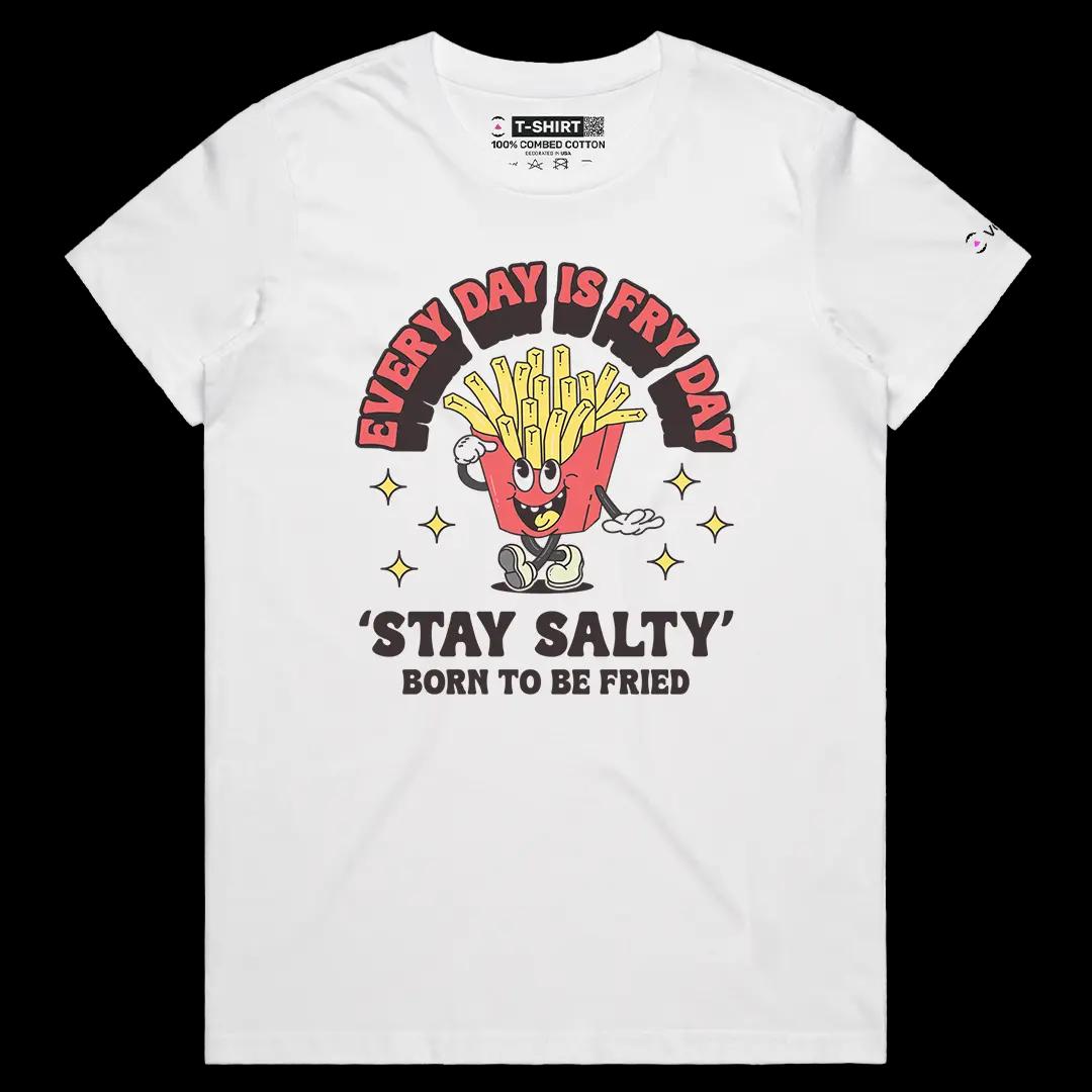 VOICEART White Female Regular Every Day Is Fry Day Funny Graphic Tee for Food Lovers Short Cotton T-Shirt for Men and Women