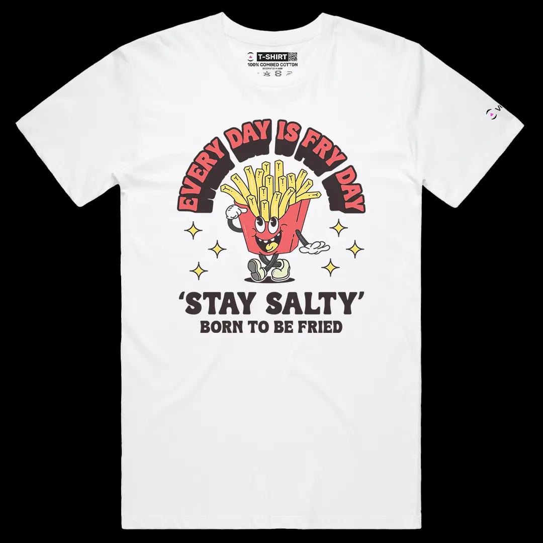 VOICEART White Male Regular Every Day Is Fry Day Funny Graphic Tee for Food Lovers Short Cotton T-Shirt for Men and Women