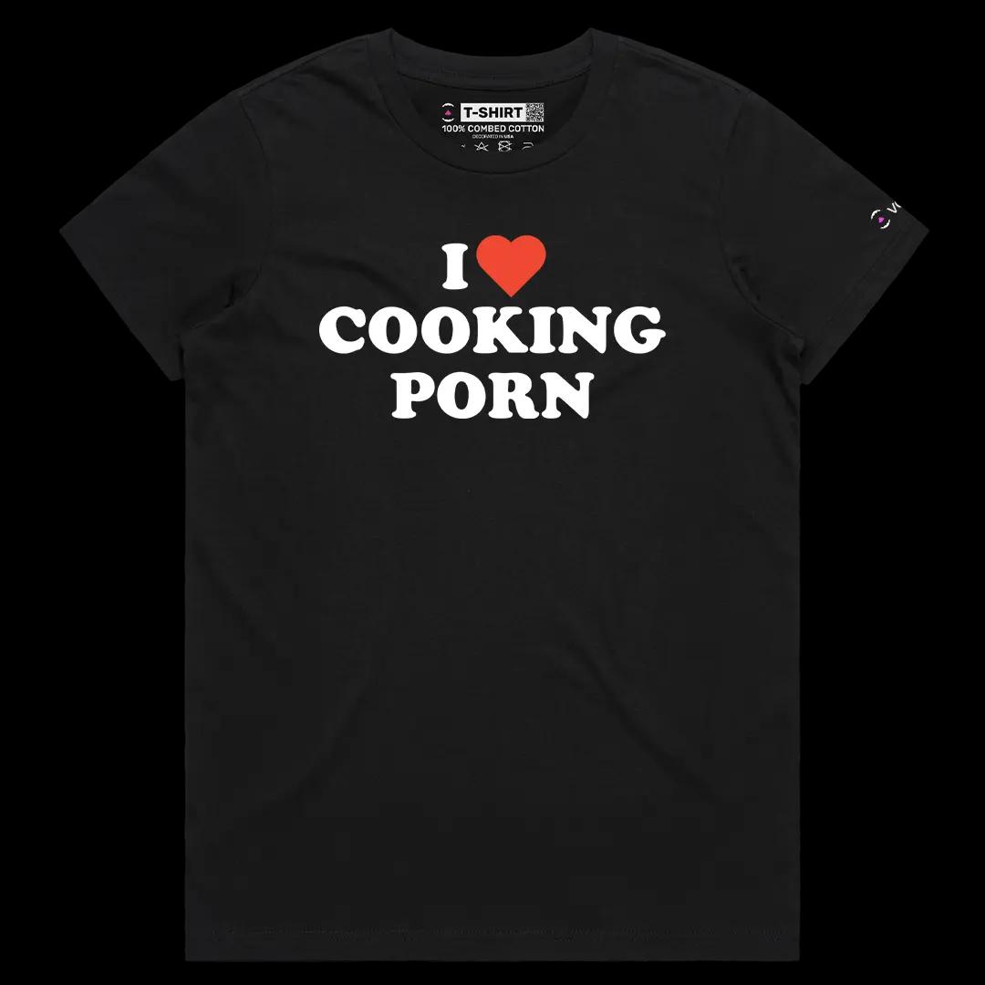 VOICEART Black Female Regular I Love Cooking Porn Funny Graphic Meme Tee Dark Humor Short Cotton T-Shirt for Men and Women
