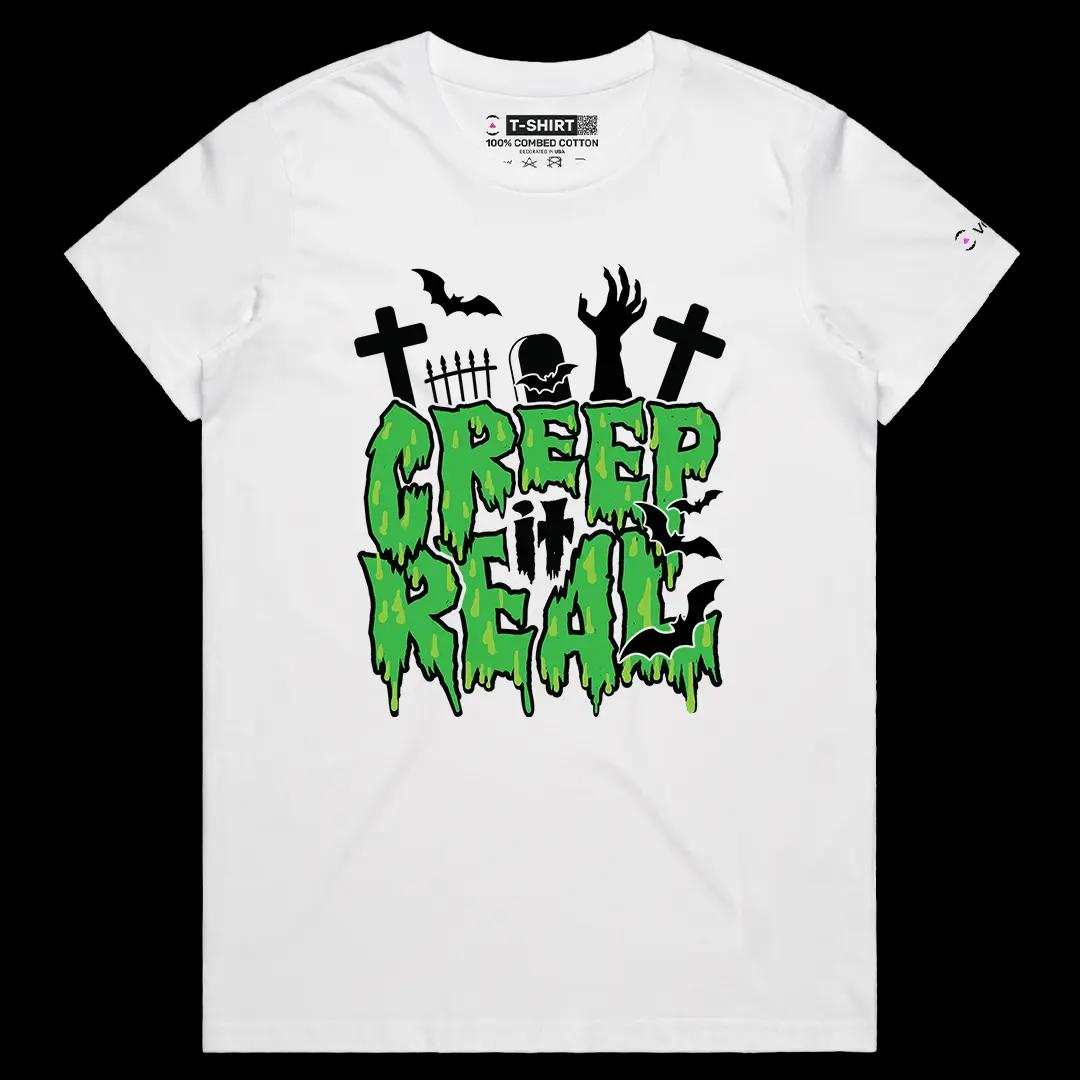 VOICEART White Female Regular Creep It Real Funny Holiday Graphic Tee for Halloween Short Sleeve T-Shirt for Men and Women