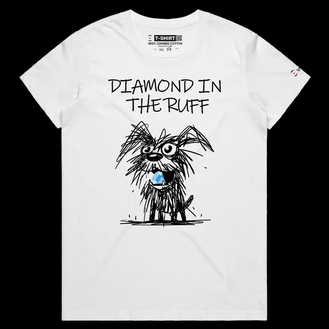 VOICEART White Female Regular Dog with a Diamond Funny Animal Graphic Tee for Pet Owners Short Sleeve Shirt for Men and Women