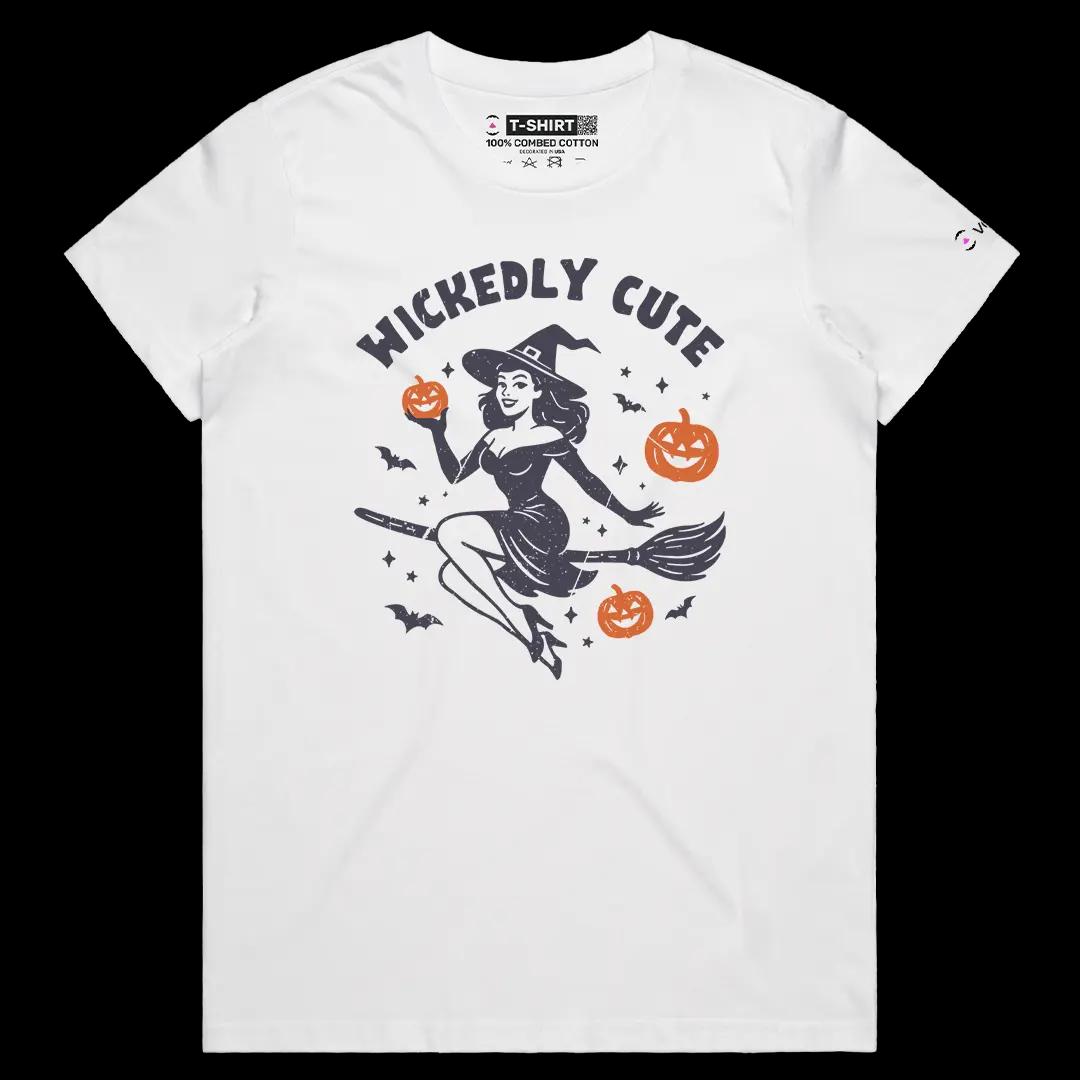 VOICEART White Female Regular Wickedly Cute Witch Funny Graphic Tee for Halloween Short Sleeve T-Shirt for Men and Women