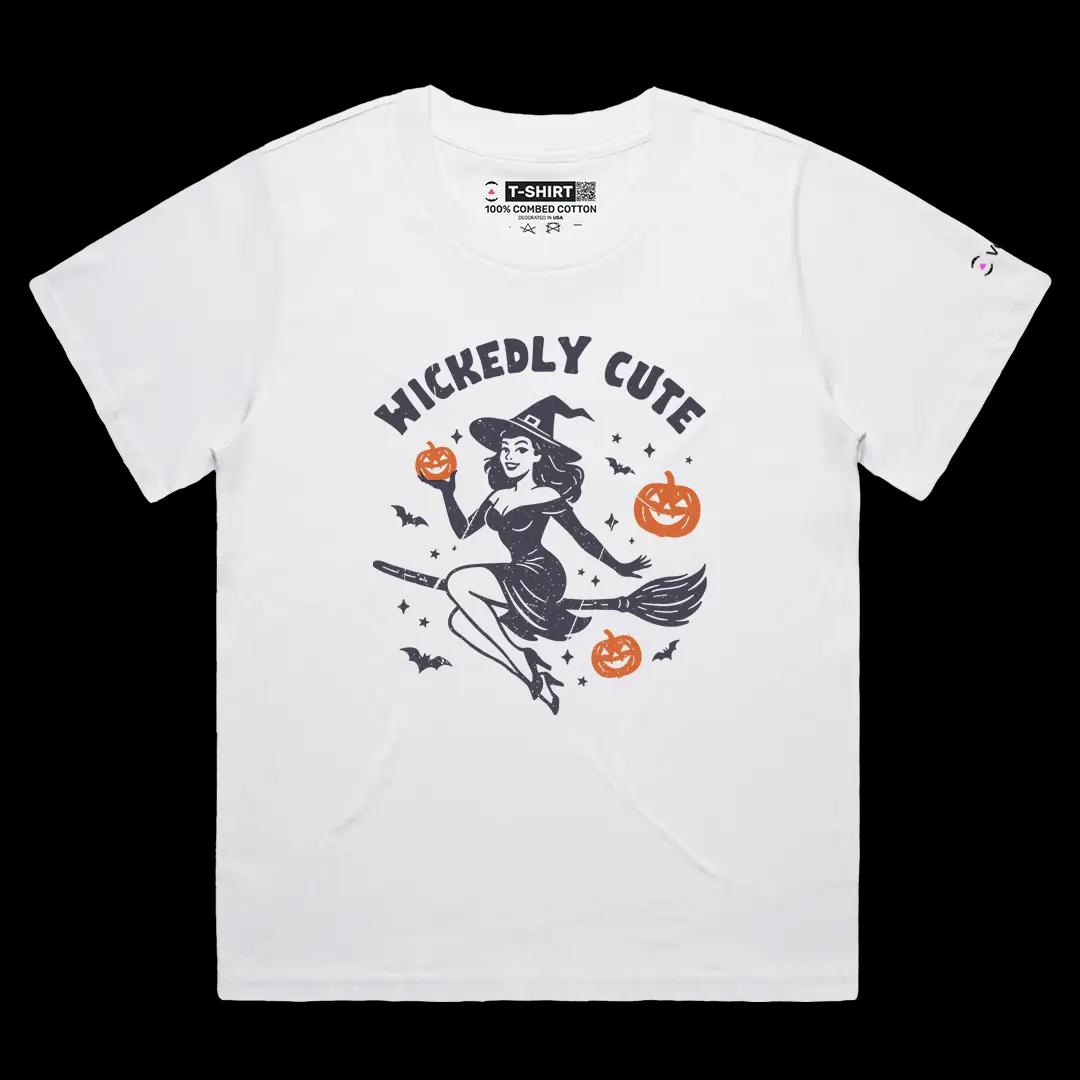 VOICEART White Female Loose Wickedly Cute Witch Funny Graphic Tee for Halloween Short Sleeve T-Shirt for Men and Women