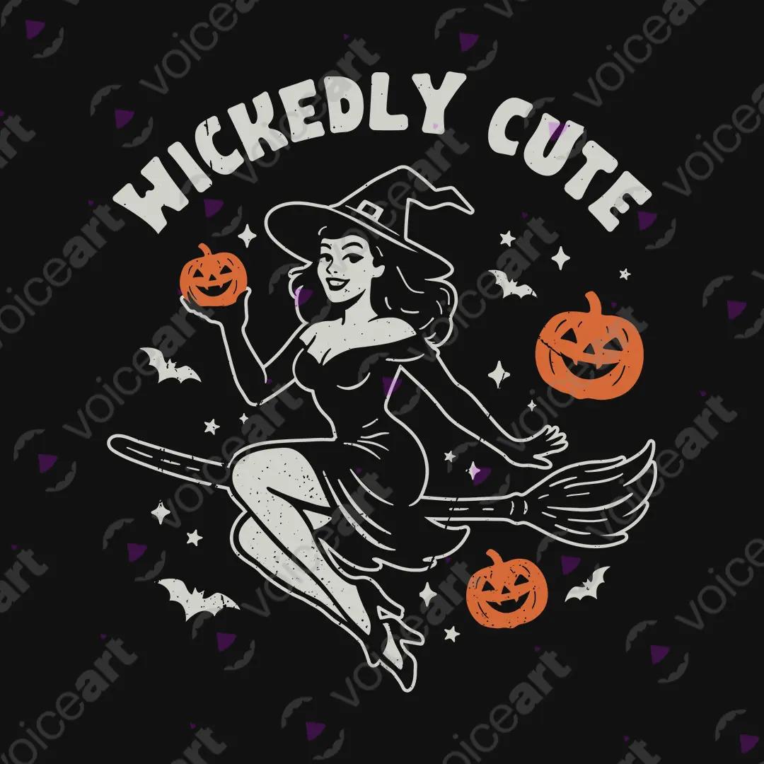 VOICEART Black Watermark Wickedly Cute Witch Funny Graphic Tee for Halloween Short Sleeve T-Shirt for Men and Women