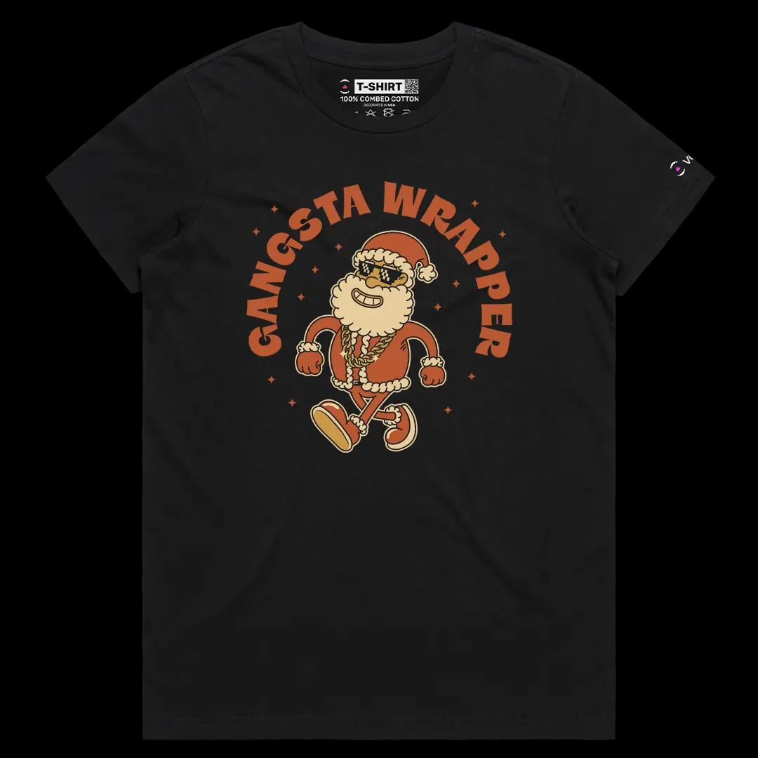 VOICEART Black Female Regular Santa Claus Rapper Funny Christmas Graphic Tee for Holidays Short Sleeve T-Shirt Men and Women