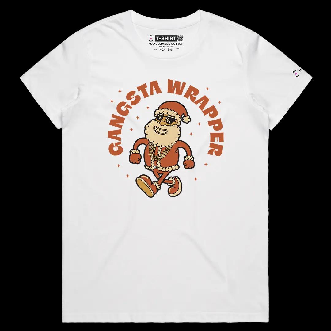 VOICEART White Female Regular Santa Claus Rapper Funny Christmas Graphic Tee for Holidays Short Sleeve T-Shirt Men and Women