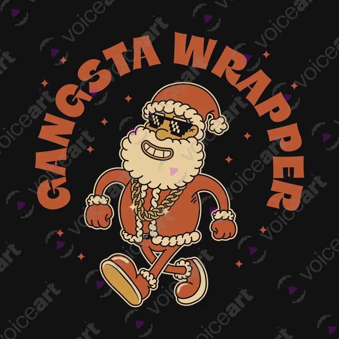 VOICEART Black Watermark Santa Claus Rapper Funny Christmas Graphic Tee for Holidays Short Sleeve T-Shirt Men and Women