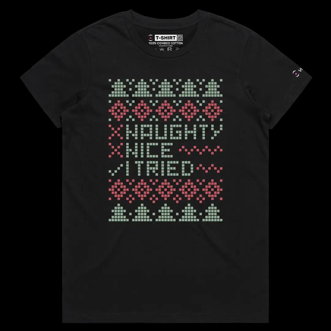 VOICEART Black Female Regular Naughty Nice I Tried Funny Christmas Graphic Tee for Holidays Short T-Shirt for Men and Women