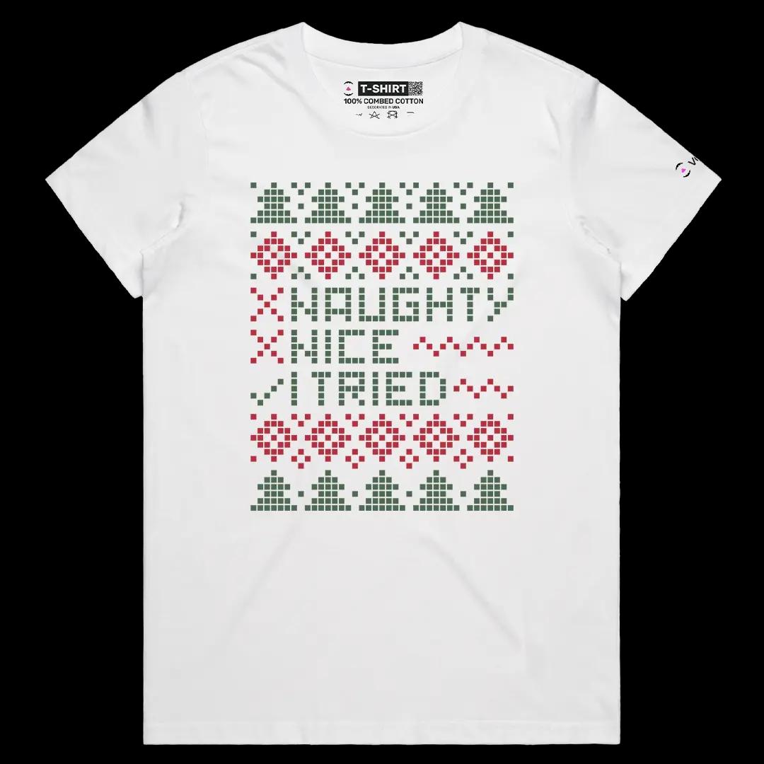 VOICEART White Female Regular Naughty Nice I Tried Funny Christmas Graphic Tee for Holidays Short T-Shirt for Men and Women