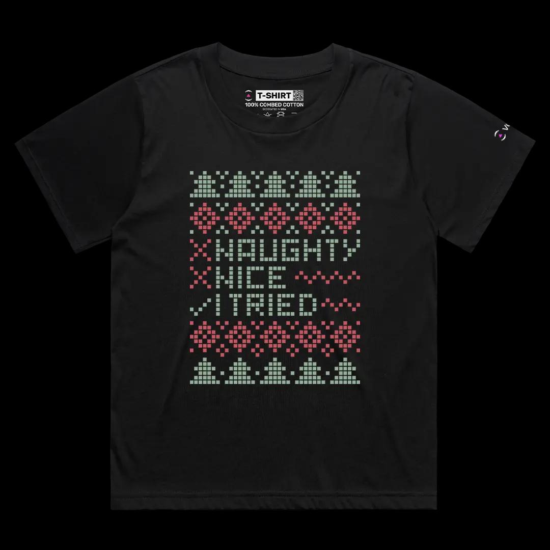 VOICEART Black Female Loose Naughty Nice I Tried Funny Christmas Graphic Tee for Holidays Short T-Shirt for Men and Women