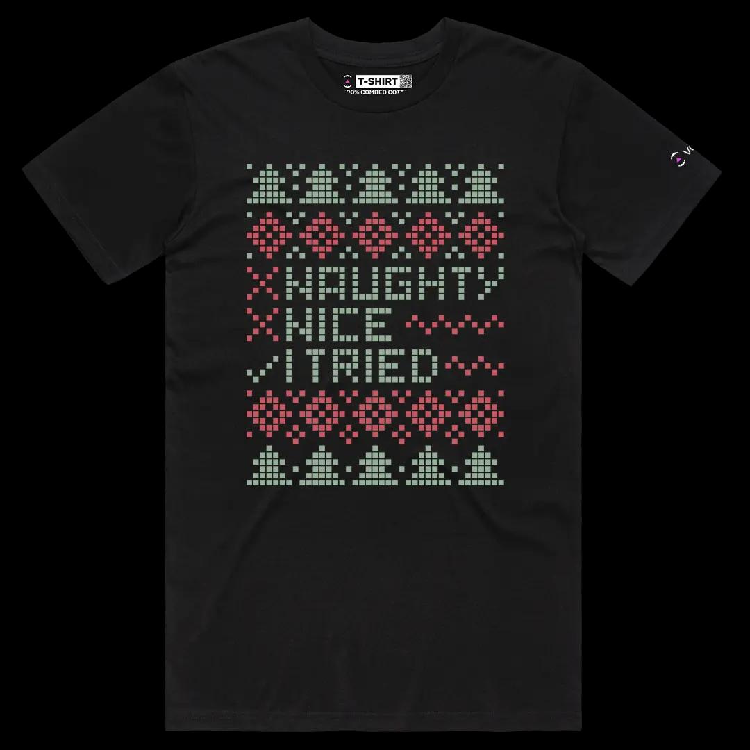 VOICEART Black Male Regular Naughty Nice I Tried Funny Christmas Graphic Tee for Holidays Short T-Shirt for Men and Women