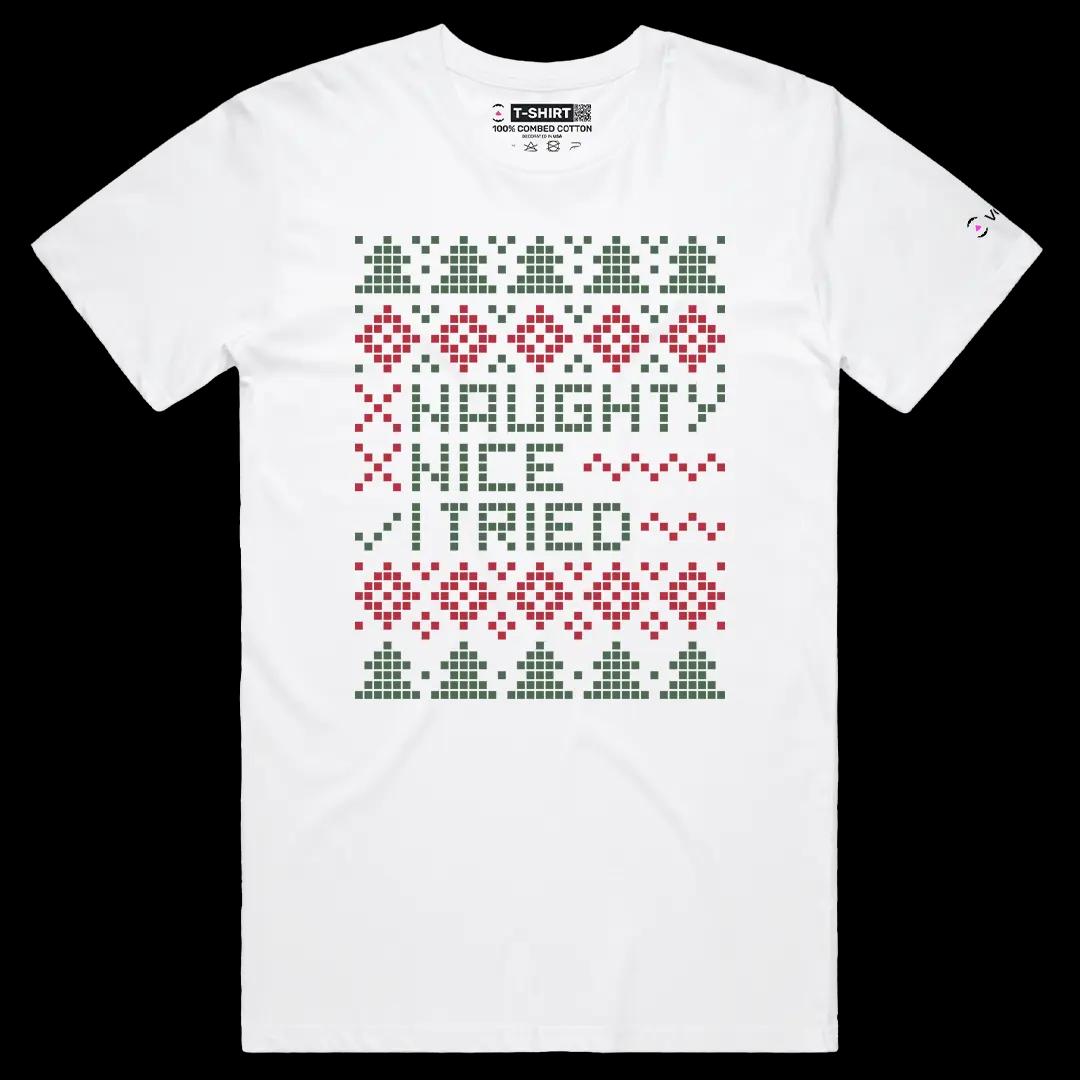 VOICEART White Male Regular Naughty Nice I Tried Funny Christmas Graphic Tee for Holidays Short T-Shirt for Men and Women