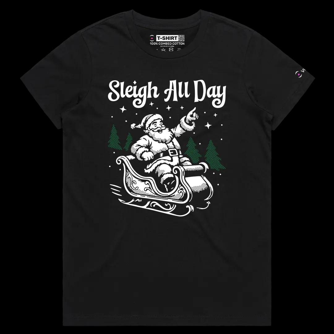 VOICEART Black Female Regular Santa on the Sleighs Funny Wordplay Graphic Tee for Holidays Short T-Shirt for Men and Women