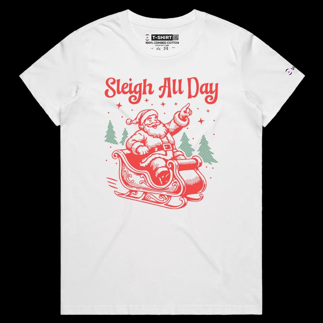 VOICEART White Female Regular Santa on the Sleighs Funny Wordplay Graphic Tee for Holidays Short T-Shirt for Men and Women