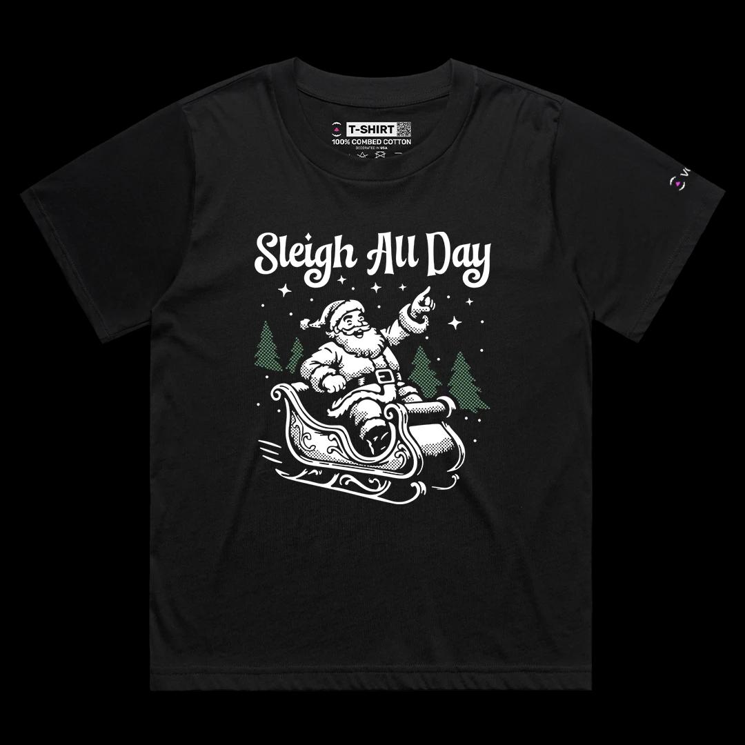 VOICEART Black Female Loose Santa on the Sleighs Funny Wordplay Graphic Tee for Holidays Short T-Shirt for Men and Women