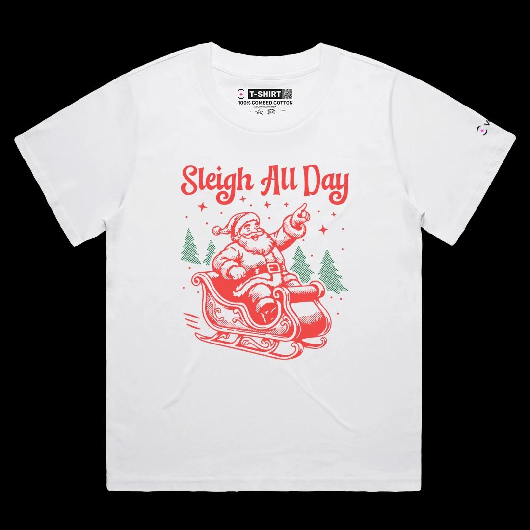VOICEART White Female Loose Santa on the Sleighs Funny Wordplay Graphic Tee for Holidays Short T-Shirt for Men and Women