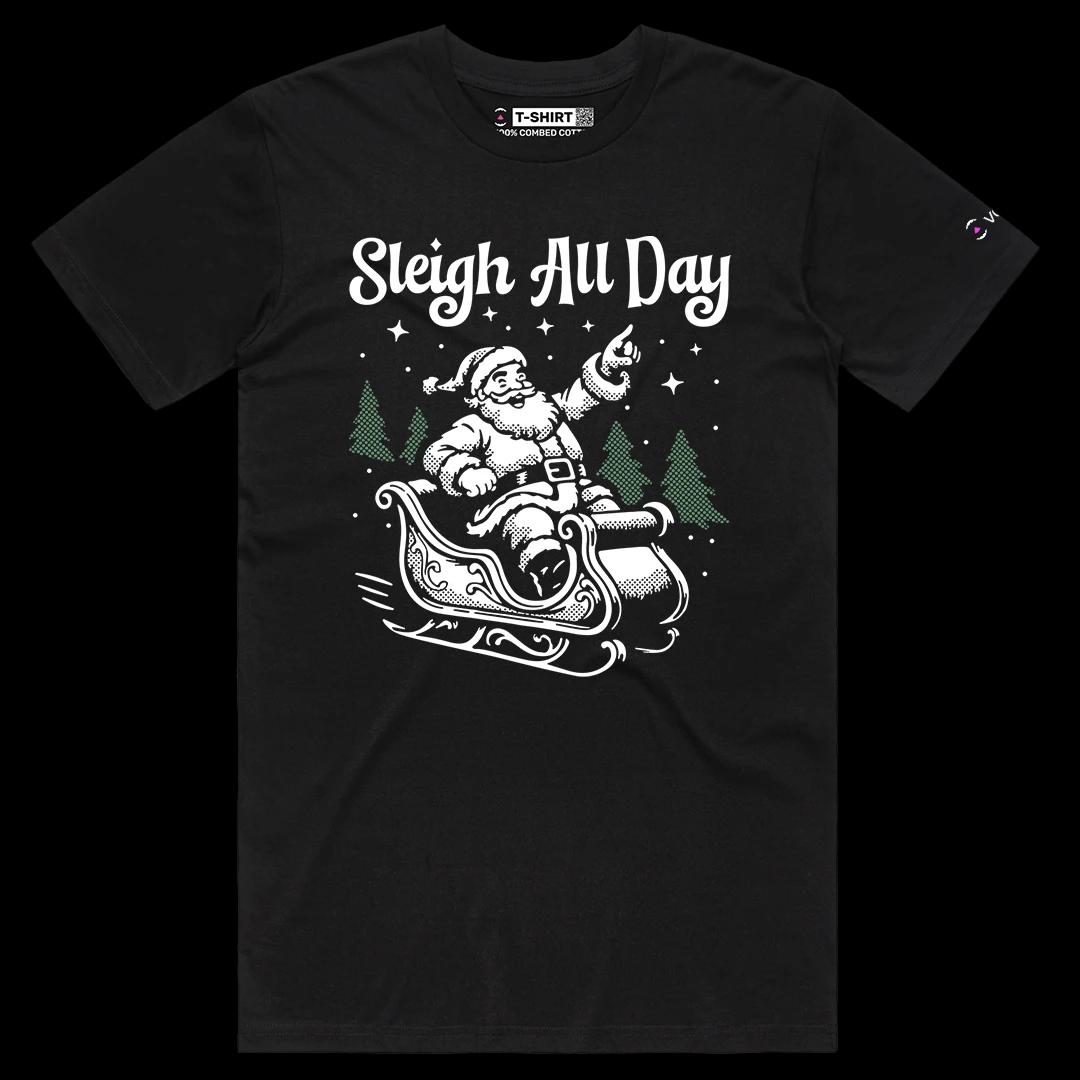 VOICEART Black Male Regular Santa on the Sleighs Funny Wordplay Graphic Tee for Holidays Short T-Shirt for Men and Women