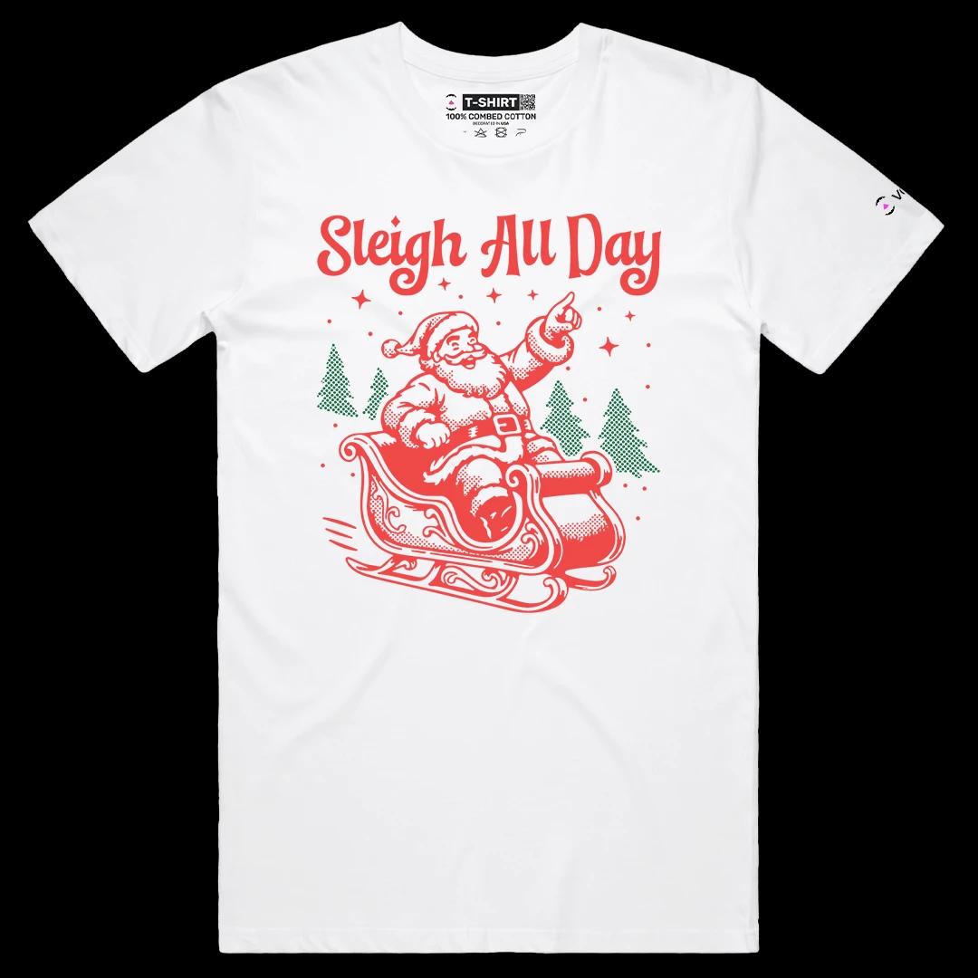 VOICEART White Male Regular Santa on the Sleighs Funny Wordplay Graphic Tee for Holidays Short T-Shirt for Men and Women