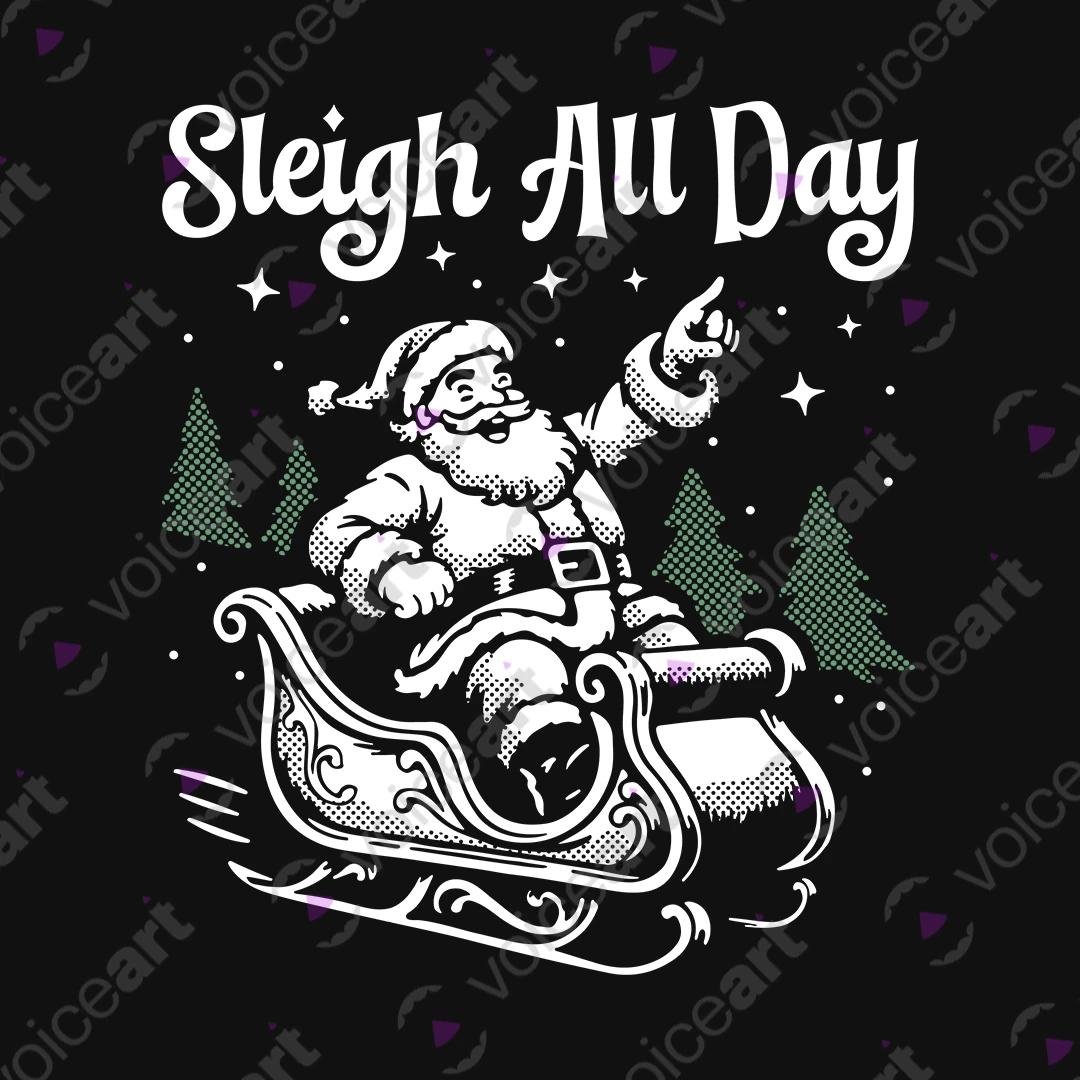 VOICEART Black Watermark Santa on the Sleighs Funny Wordplay Graphic Tee for Holidays Short T-Shirt for Men and Women