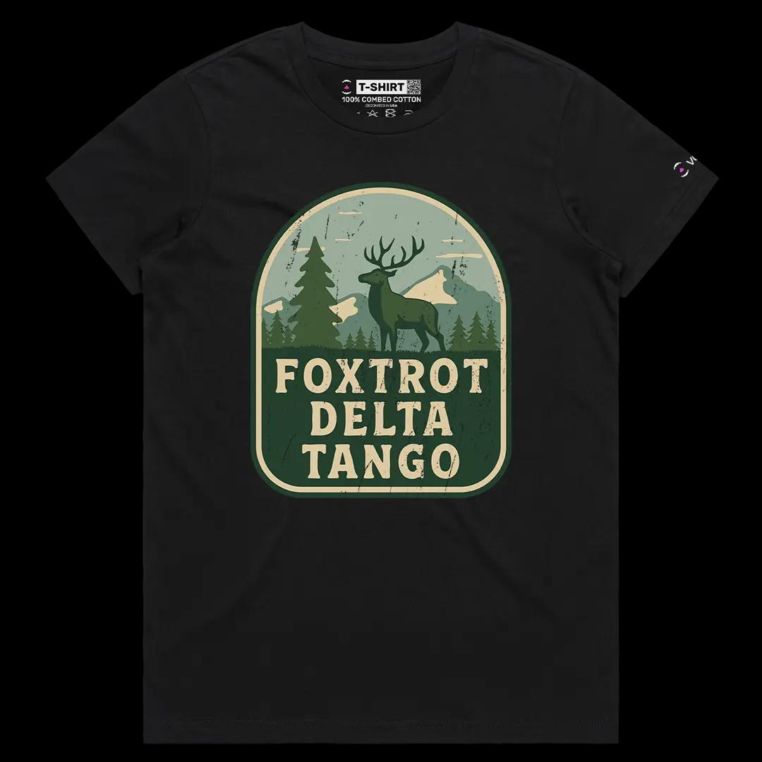 VOICEART Black Female Regular Foxtrot Delta Tango Army Code Joke Funny Graphic Tee Short Sleeve Cotton T-Shirt Men and Women