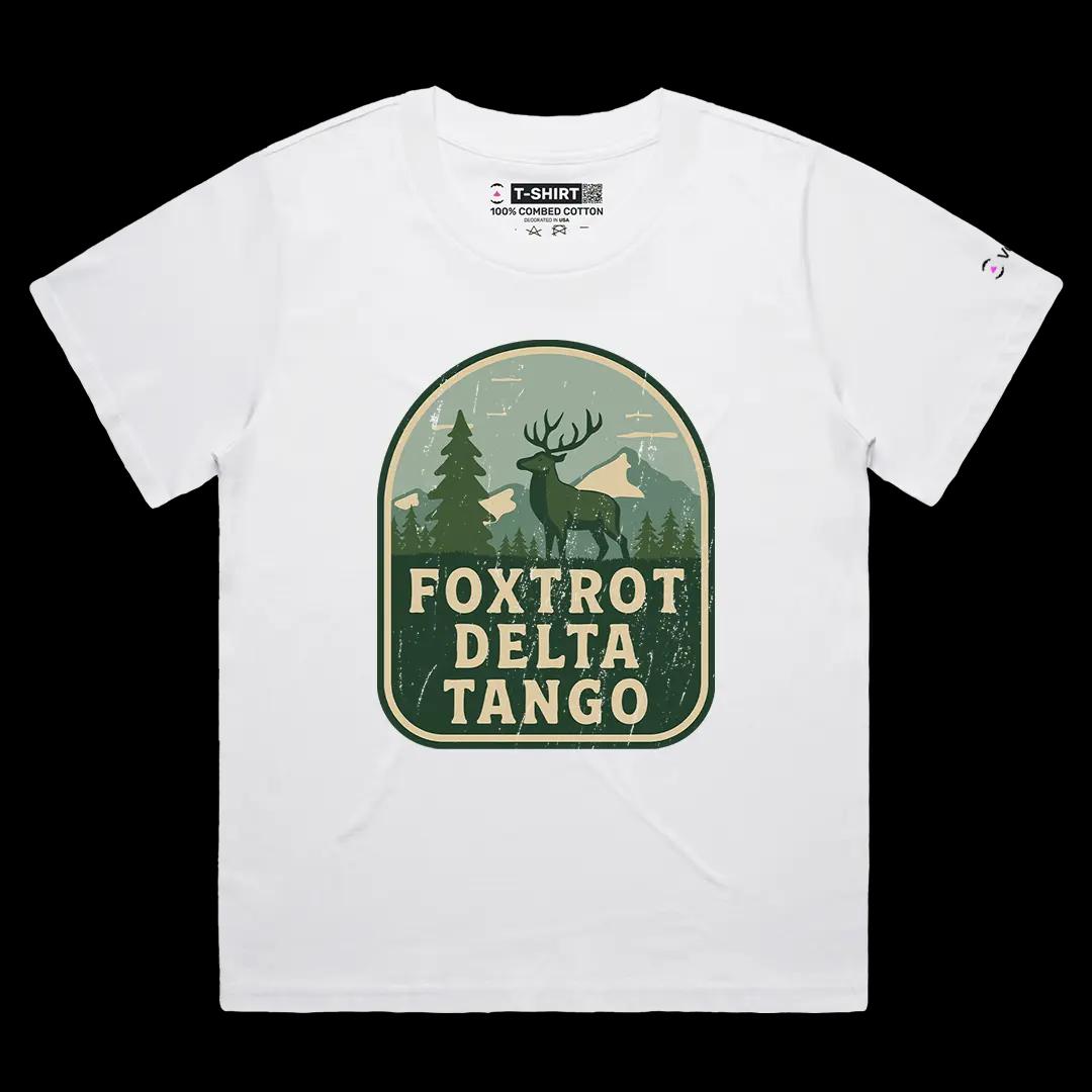 VOICEART White Female Loose Foxtrot Delta Tango Army Code Joke Funny Graphic Tee Short Sleeve Cotton T-Shirt Men and Women
