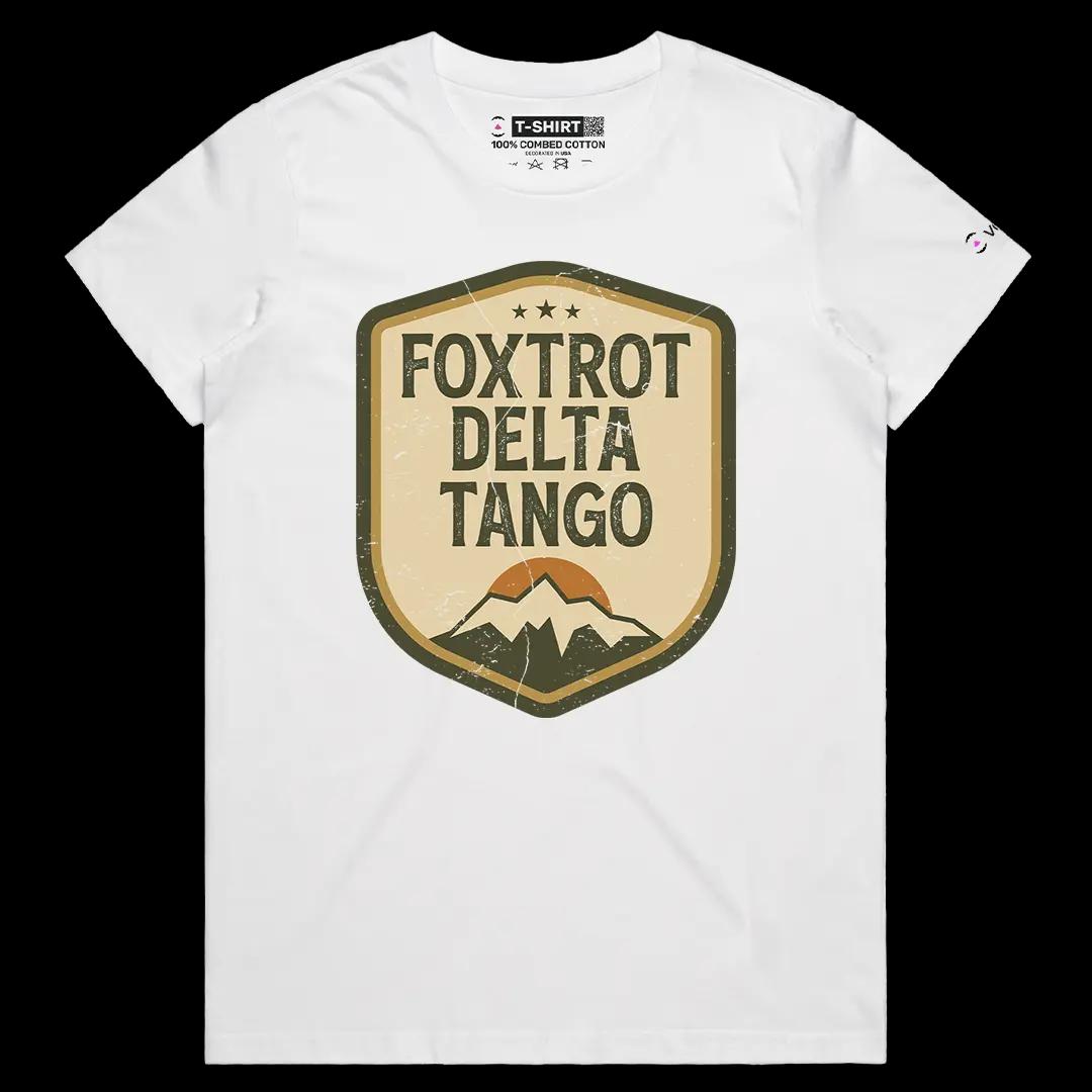 VOICEART White Female Regular Foxtrot Delta Tango Army Code Humor Funny Graphic Tee Short Cotton T-Shirt for Men and Women