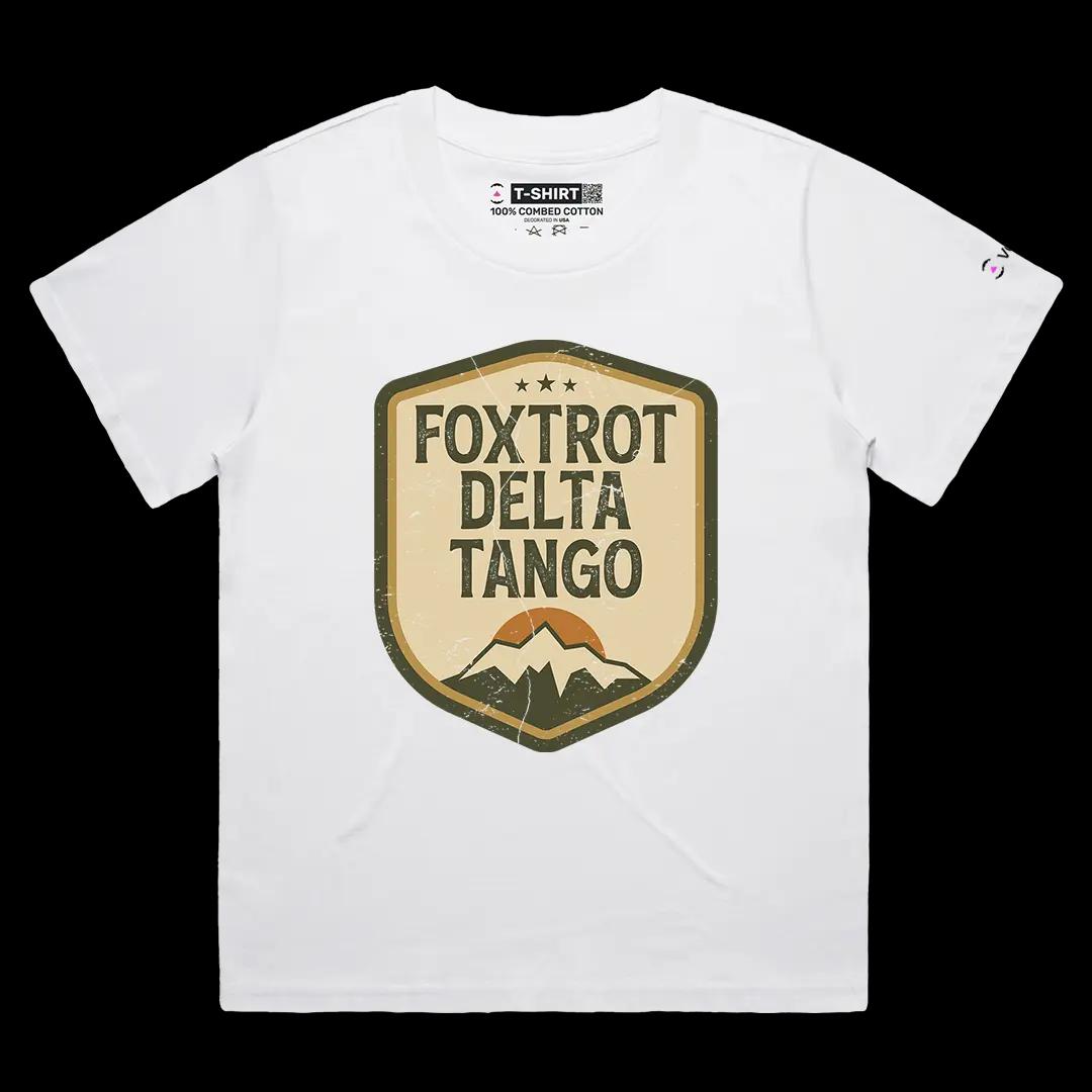VOICEART White Female Loose Foxtrot Delta Tango Army Code Humor Funny Graphic Tee Short Cotton T-Shirt for Men and Women