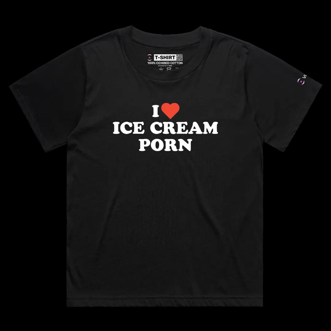 VOICEART Black Female Loose I Love Ice Cream Porn Funny Graphic Meme Tee Dark Humor Short Cotton T-Shirt for Men and Women