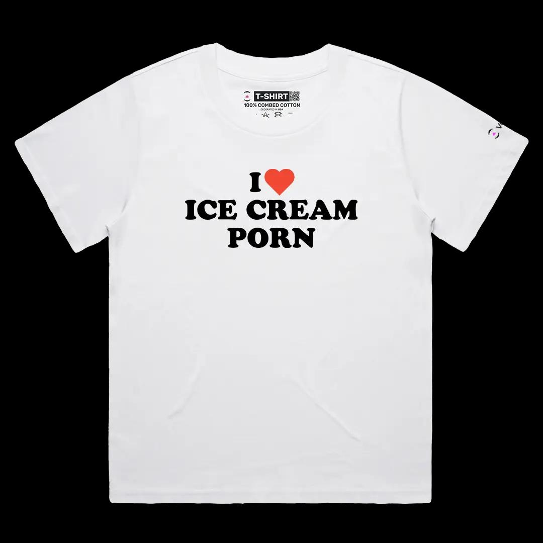 VOICEART White Female Loose I Love Ice Cream Porn Funny Graphic Meme Tee Dark Humor Short Cotton T-Shirt for Men and Women