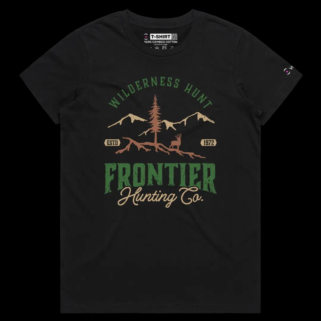 VOICEART Black Female Regular Frontier Hunting Nature Graphic Tee for Outdoor Adventures Short Sleeve Shirt for Men and Women