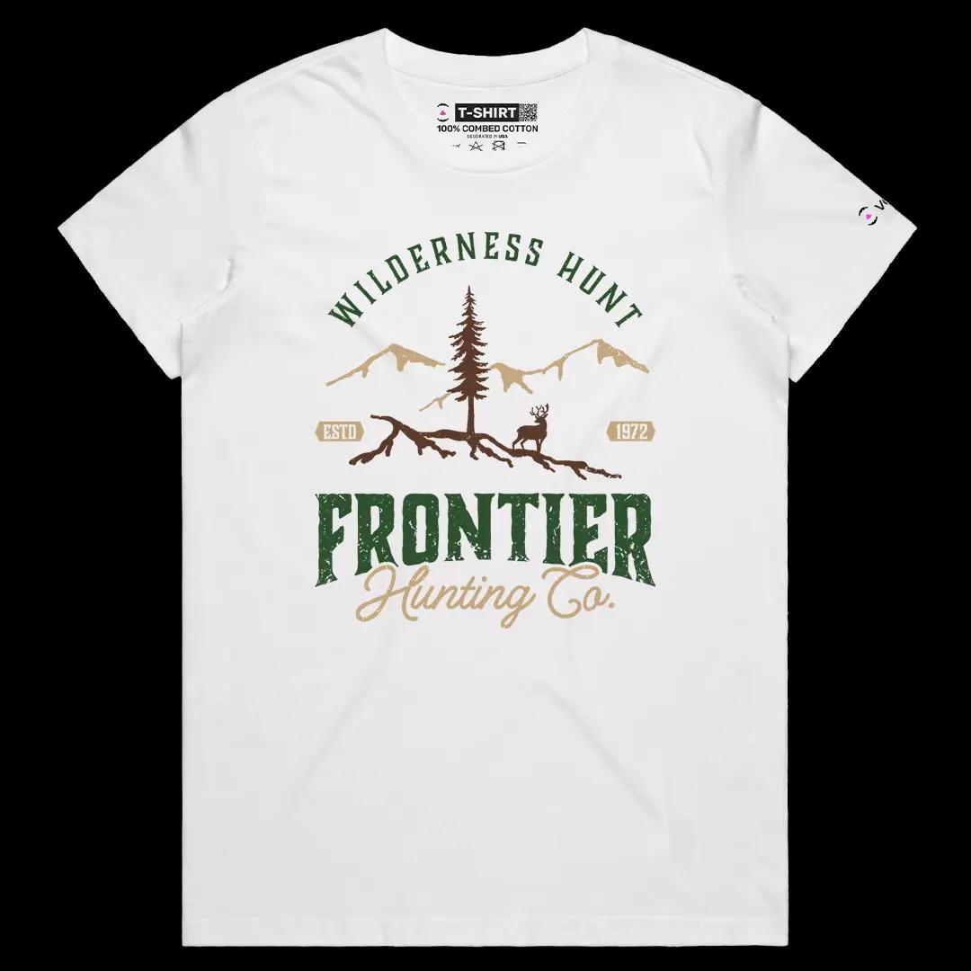 VOICEART White Female Regular Frontier Hunting Nature Graphic Tee for Outdoor Adventures Short Sleeve Shirt for Men and Women