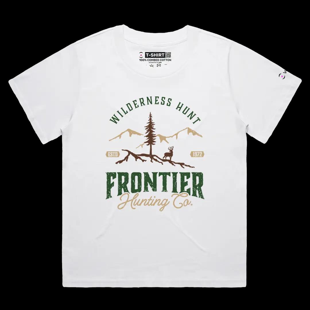 VOICEART White Female Loose Frontier Hunting Nature Graphic Tee for Outdoor Adventures Short Sleeve Shirt for Men and Women