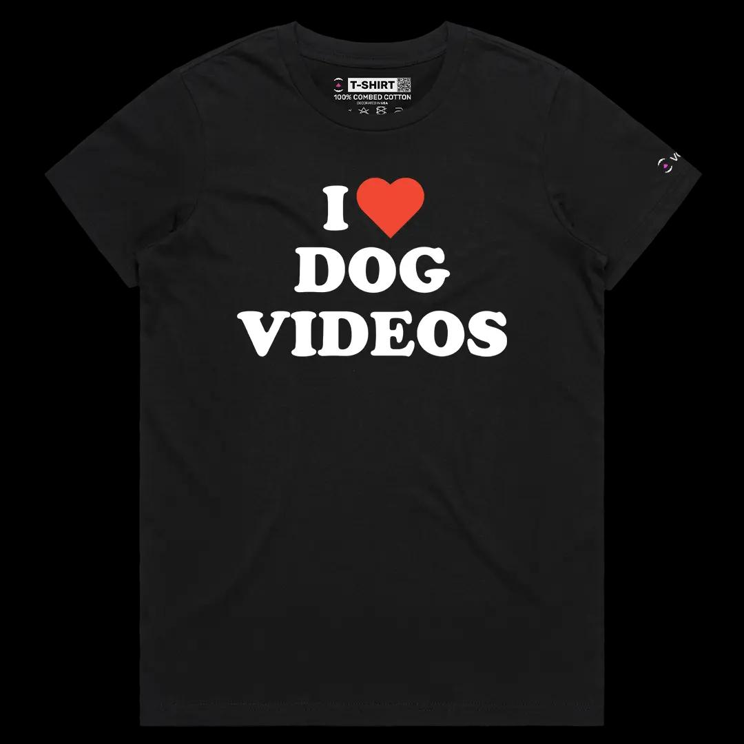 VOICEART Black Female Regular I Love Dog Videos Funny Graphic Meme Tee for Pet Owners Short Cotton T-Shirt for Men and Women