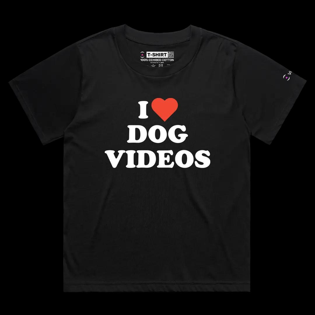 VOICEART Black Female Loose I Love Dog Videos Funny Graphic Meme Tee for Pet Owners Short Cotton T-Shirt for Men and Women