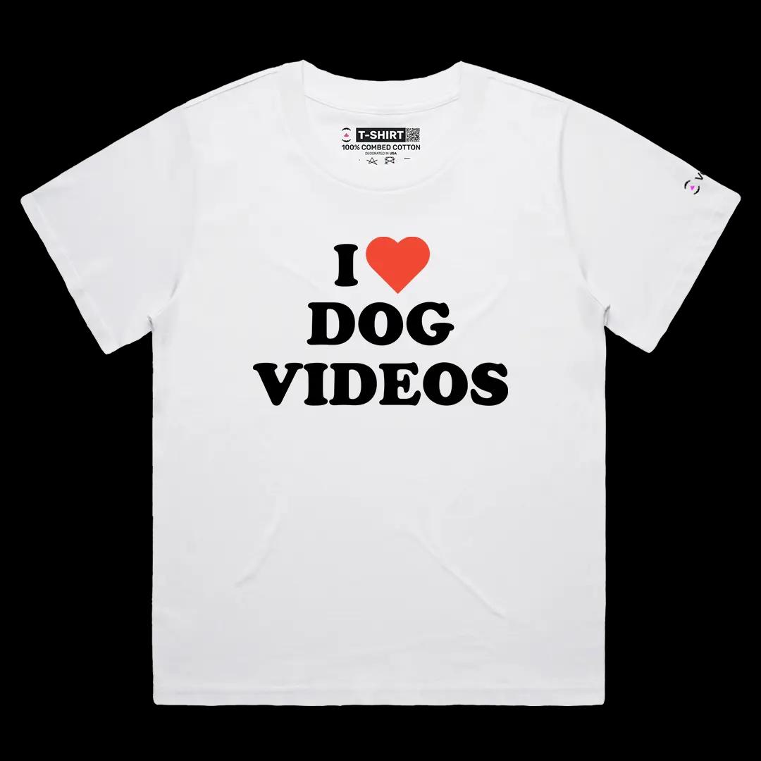 VOICEART White Female Loose I Love Dog Videos Funny Graphic Meme Tee for Pet Owners Short Cotton T-Shirt for Men and Women