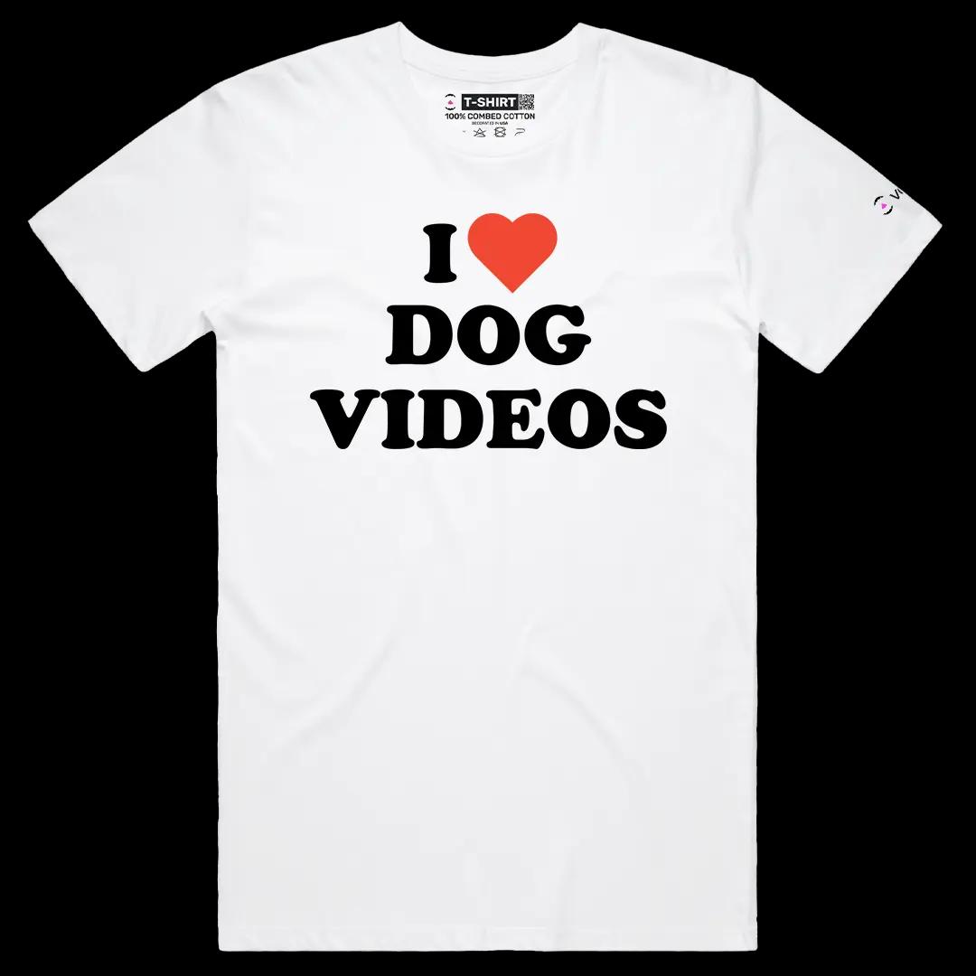 VOICEART White Male Regular I Love Dog Videos Funny Graphic Meme Tee for Pet Owners Short Cotton T-Shirt for Men and Women