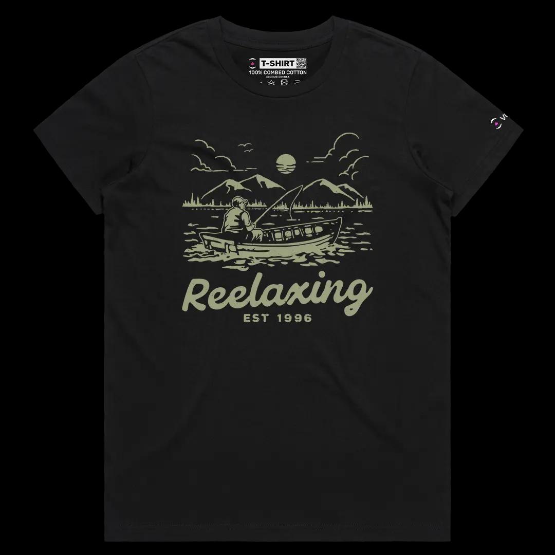 VOICEART Black Female Regular Fisherman Relaxing Elegant Graphic Tee for Fishing Lovers Short Sleeve Shirt for Men and Women