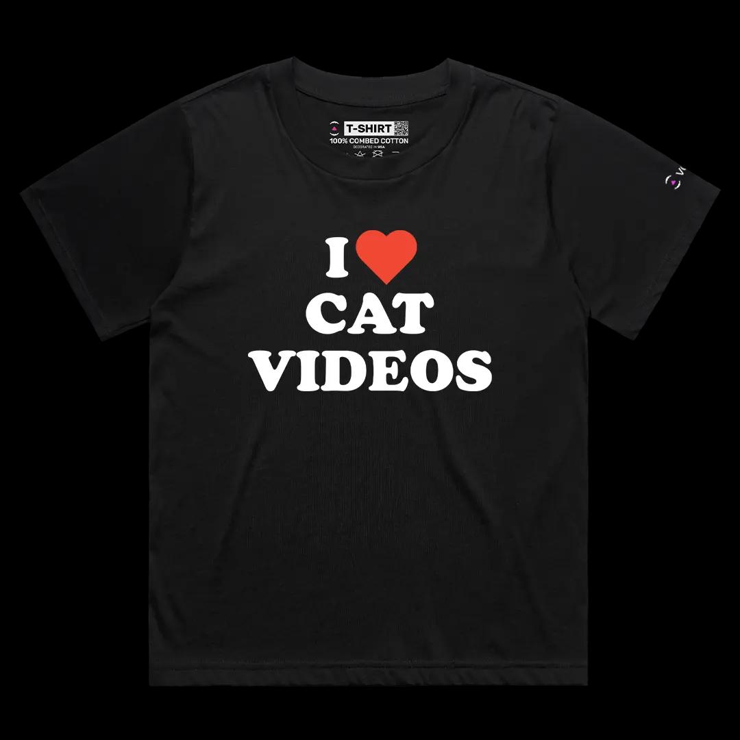 VOICEART Black Female Loose I Love Cat Videos Funny Graphic Premium T-Shirt for Cat Lovers Short T-Shirt for Men and Women
