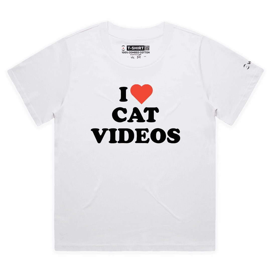 VOICEART White Female Loose I Love Cat Videos Funny Graphic Premium T-Shirt for Cat Lovers Short T-Shirt for Men and Women