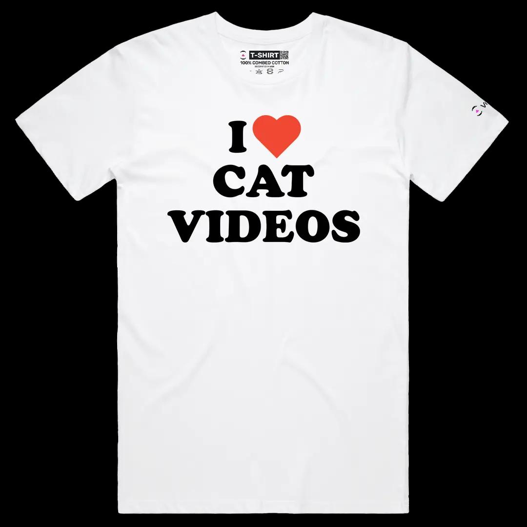 VOICEART White Male Regular I Love Cat Videos Funny Graphic Premium T-Shirt for Cat Lovers Short T-Shirt for Men and Women
