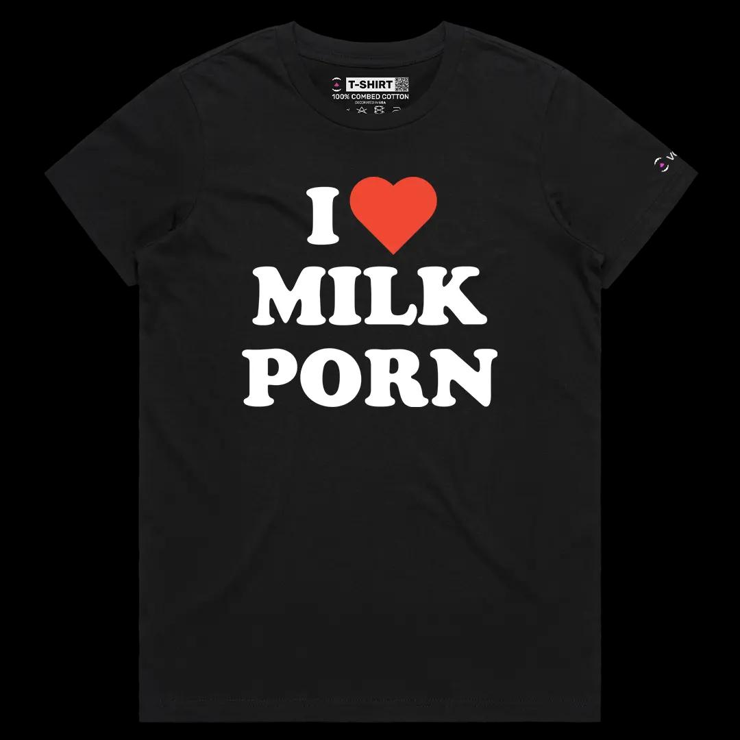 VOICEART Black Female Regular I Love Milk Porn Funny Graphic Meme Tee Dark Humor Short Sleeve Cotton Shirt for Men and Women