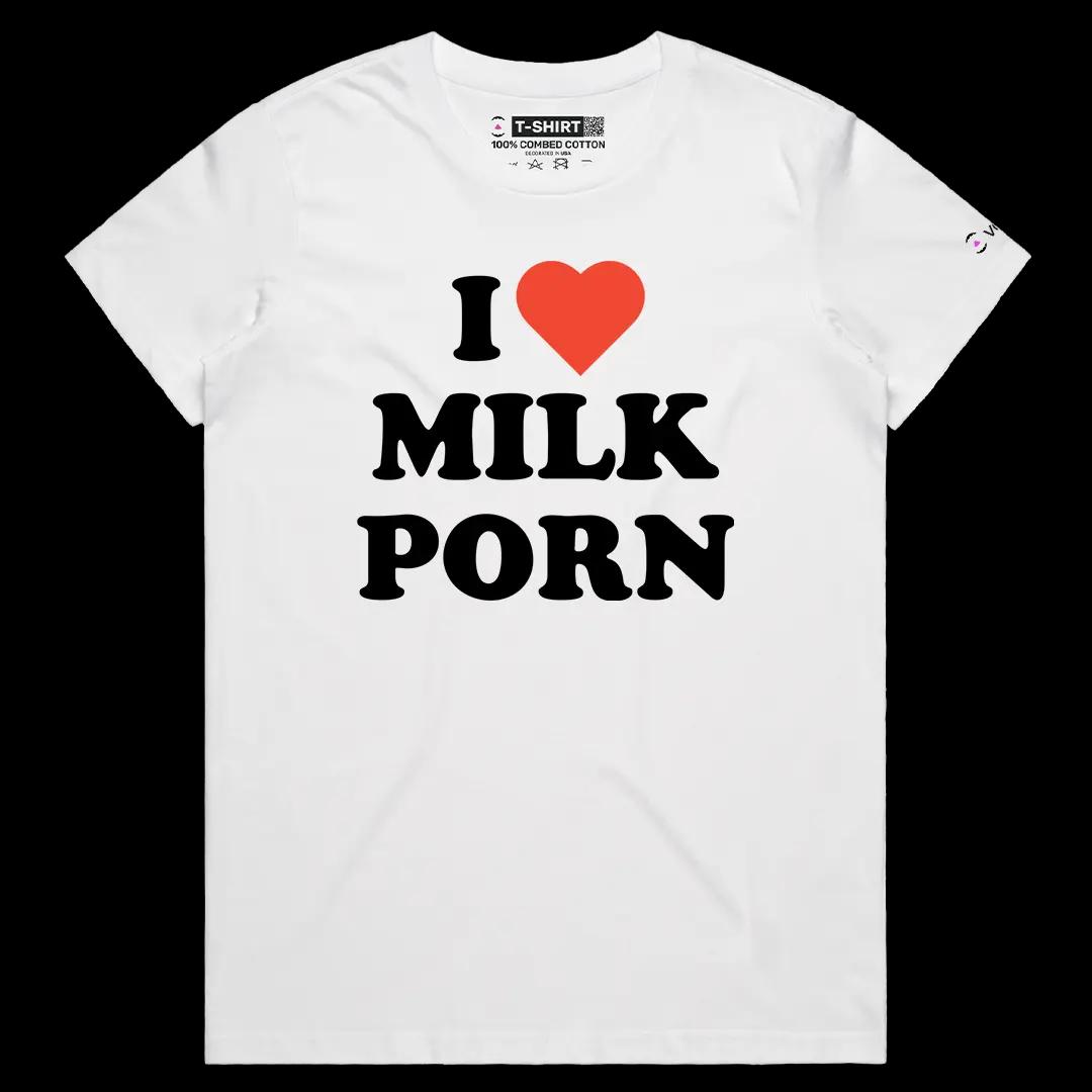 VOICEART White Female Regular I Love Milk Porn Funny Graphic Meme Tee Dark Humor Short Sleeve Cotton Shirt for Men and Women