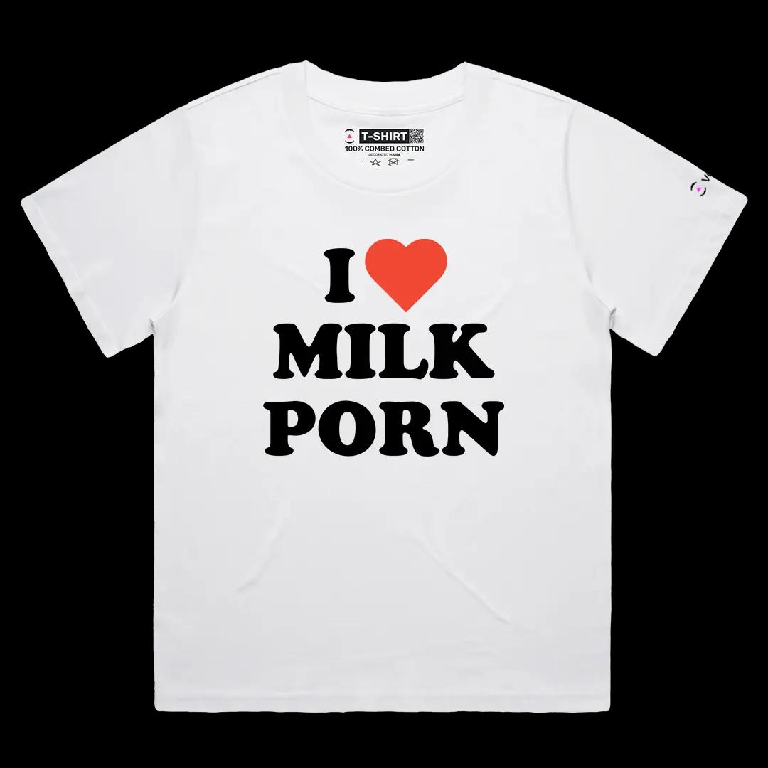 VOICEART White Female Loose I Love Milk Porn Funny Graphic Meme Tee Dark Humor Short Sleeve Cotton Shirt for Men and Women