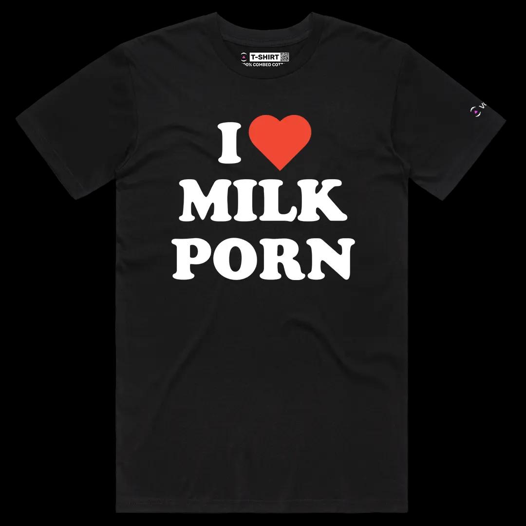 VOICEART Black Male Regular I Love Milk Porn Funny Graphic Meme Tee Dark Humor Short Sleeve Cotton Shirt for Men and Women