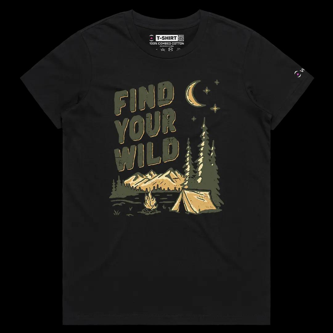VOICEART Black Female Regular Find Your Wild Camping Graphic Tee for Outdoor Adventures Short Sleeve TShirt for Men and Women