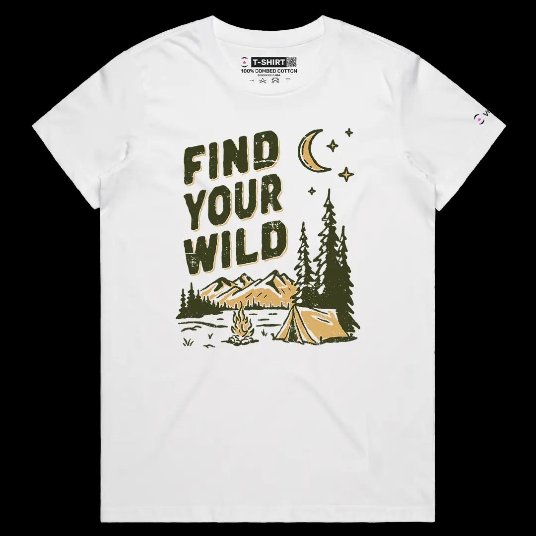 VOICEART White Female Regular Find Your Wild Camping Graphic Tee for Outdoor Adventures Short Sleeve TShirt for Men and Women