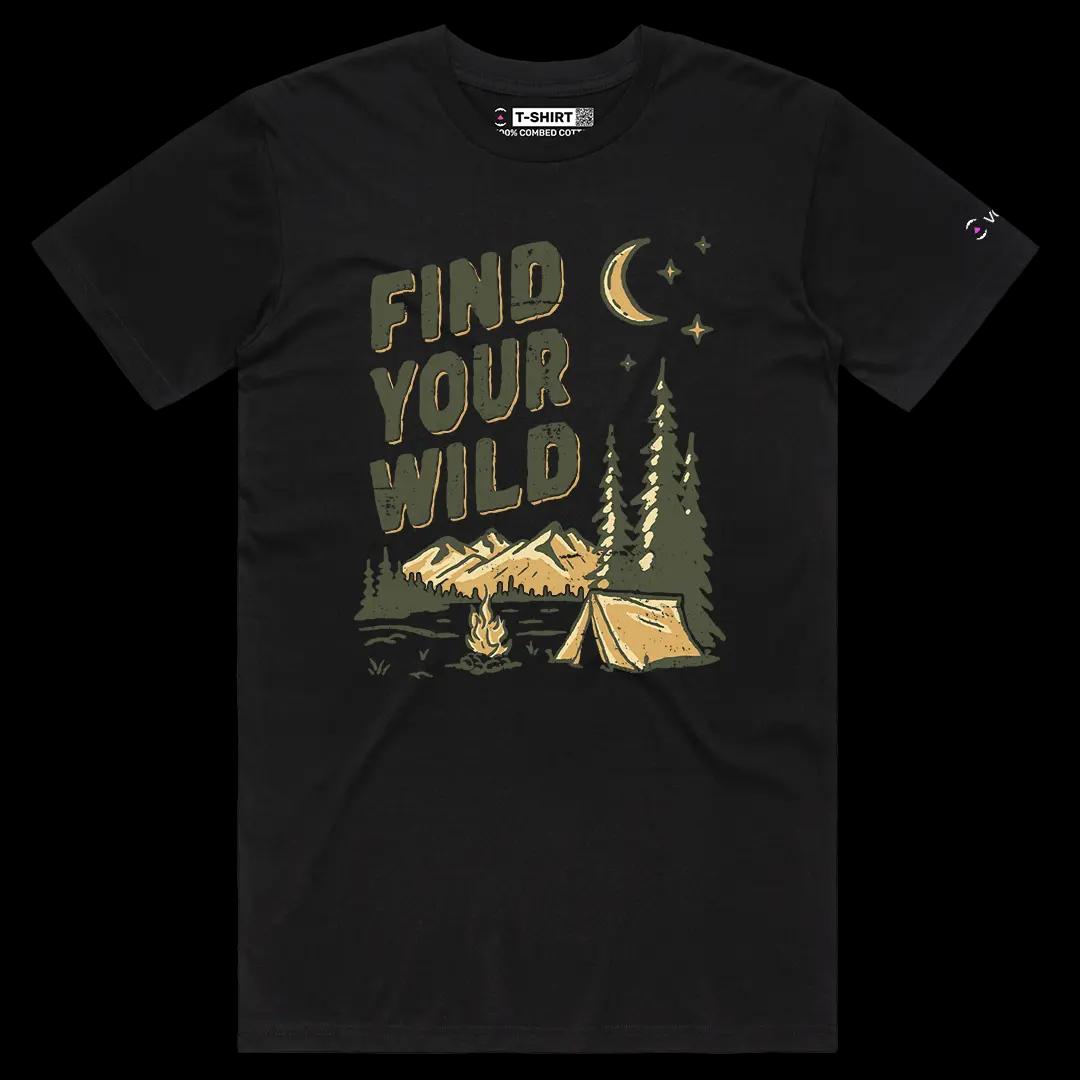 VOICEART Black Male Regular Find Your Wild Camping Graphic Tee for Outdoor Adventures Short Sleeve TShirt for Men and Women